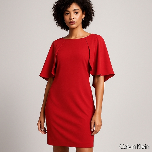 Calvin Klein Red Shift Dress with Ruffle & Zipper Detail Size 2 NWT - Picture 1 of 6